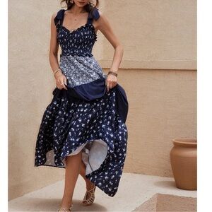 Boho Floral Print Color Block Adjustable Straps Maxi Dress S M L XL